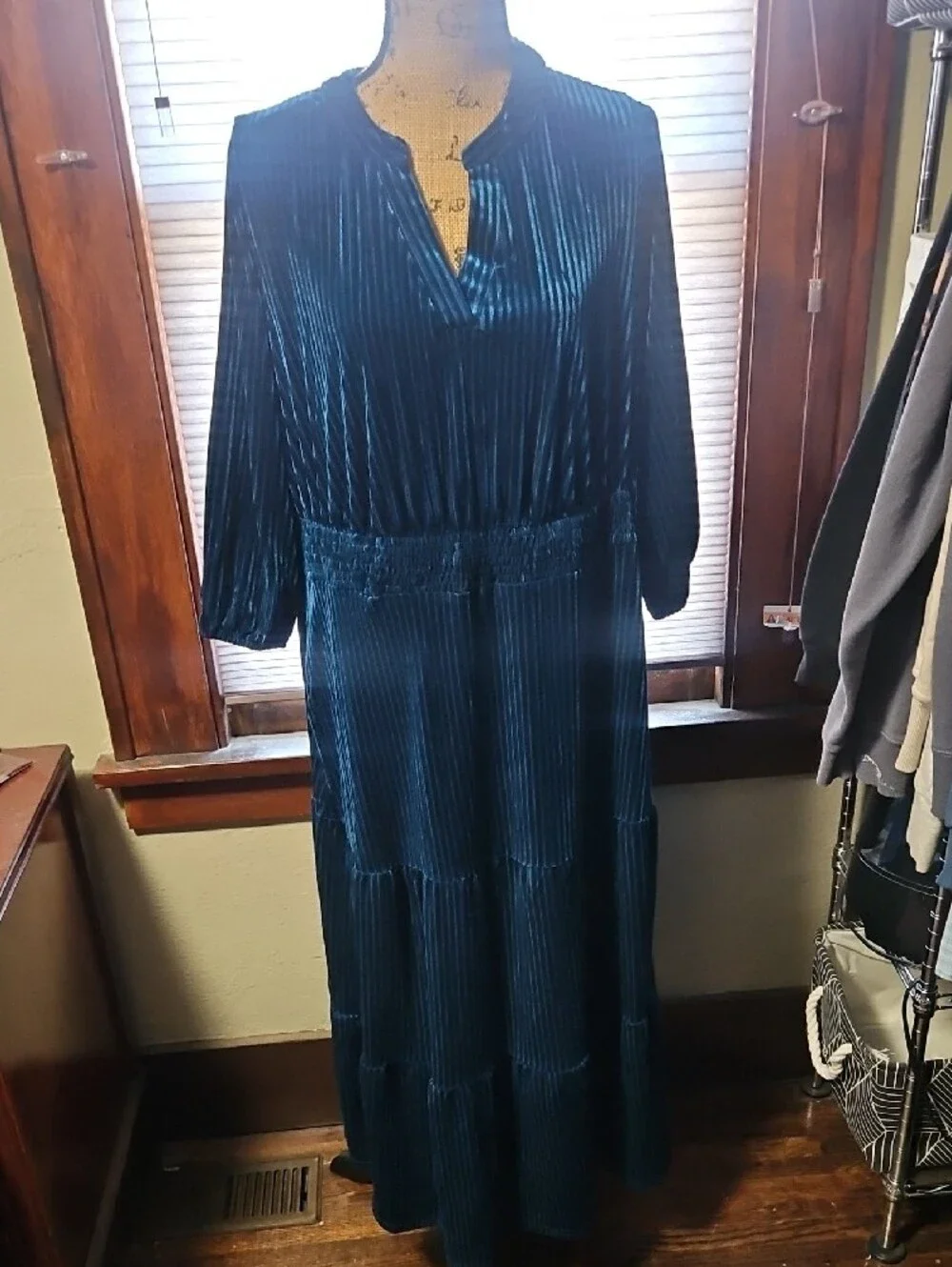 BloomChic Teal Pleated Velvet Tiered Maxi Dress